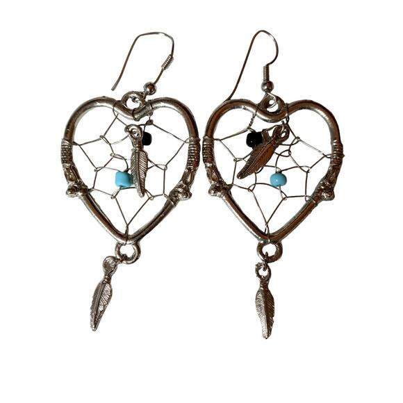 🌵 Vintage Dream Catcher Earrings Heart Turquoise Feather Drop Southwest Boho 3" - Picture 2 of 10